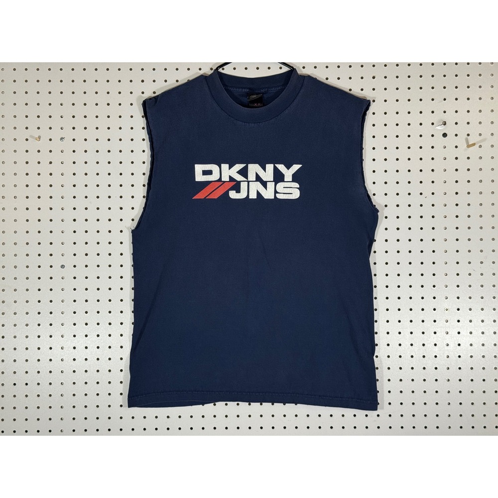 Vintage DKNY Jeans Mens Navy Blue Graphic Muscle Tee Sleeveless Shirt Size XL